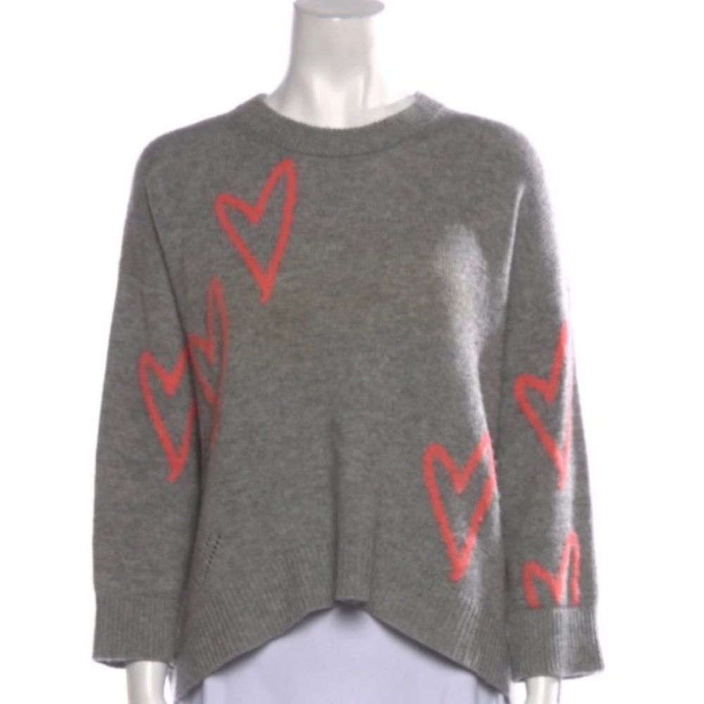 Size Small. Zadig and Voltaire grey cashmere sweater with oversized pink hearts.